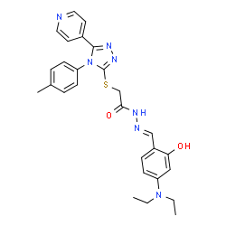 ChemSpider 2D Image | N'-{(E)-[4-(Diethylamino)-2-hydroxyphenyl]methylene}-2-{[4-(4-methylphenyl)-5-(4-pyridinyl)-4H-1,2,4-triazol-3-yl]sulfanyl}acetohydrazide | C27H29N7O2S