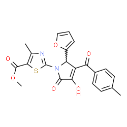 ChemSpider 2D Image | Methyl 2-[2-(2-furyl)-4-hydroxy-3-(4-methylbenzoyl)-5-oxo-2,5-dihydro-1H-pyrrol-1-yl]-4-methyl-1,3-thiazole-5-carboxylate | C22H18N2O6S