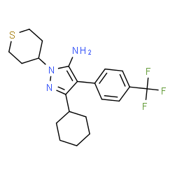 ChemSpider 2D Image | 3-Cyclohexyl-1-(tetrahydro-2H-thiopyran-4-yl)-4-[4-(trifluoromethyl)phenyl]-1H-pyrazol-5-amine | C21H26F3N3S