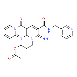 ChemSpider 2D Image | 3-{2-Imino-5-oxo-3-[(3-pyridinylmethyl)carbamoyl]-2H-dipyrido[1,2-a:2',3'-d]pyrimidin-1(5H)-yl}propyl acetate | C23H22N6O4