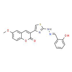 ChemSpider 2D Image | 3-{2-[(2E)-2-(2-Hydroxybenzylidene)hydrazino]-1,3-thiazol-4-yl}-6-methoxy-2H-chromen-2-one | C20H15N3O4S