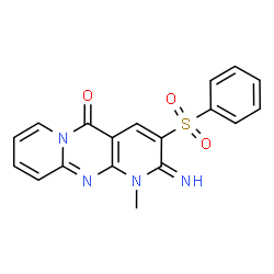 ChemSpider 2D Image | 2-Imino-1-methyl-3-(phenylsulfonyl)-1,2-dihydro-5H-dipyrido[1,2-a:2',3'-d]pyrimidin-5-one | C18H14N4O3S