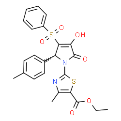 ChemSpider 2D Image | Ethyl 2-[3-hydroxy-5-(4-methylphenyl)-2-oxo-4-(phenylsulfonyl)-2,5-dihydro-1H-pyrrol-1-yl]-4-methyl-1,3-thiazole-5-carboxylate | C24H22N2O6S2