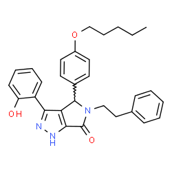 ChemSpider 2D Image | 3-(2-Hydroxyphenyl)-4-[4-(pentyloxy)phenyl]-5-(2-phenylethyl)-4,5-dihydropyrrolo[3,4-c]pyrazol-6(1H)-one | C30H31N3O3