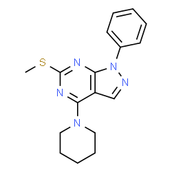 ChemSpider 2D Image | 6-(Methylsulfanyl)-1-phenyl-4-(1-piperidinyl)-1H-pyrazolo[3,4-d]pyrimidine | C17H19N5S
