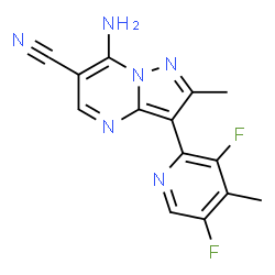 ChemSpider 2D Image | 7-Amino-3-(3,5-difluoro-4-methyl-2-pyridinyl)-2-methylpyrazolo[1,5-a]pyrimidine-6-carbonitrile | C14H10F2N6