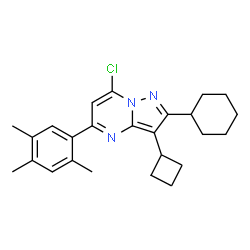 ChemSpider 2D Image | 7-Chloro-3-cyclobutyl-2-cyclohexyl-5-(2,4,5-trimethylphenyl)pyrazolo[1,5-a]pyrimidine | C25H30ClN3