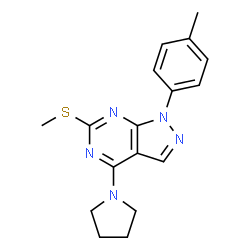 ChemSpider 2D Image | 1-(4-Methylphenyl)-6-(methylsulfanyl)-4-(1-pyrrolidinyl)-1H-pyrazolo[3,4-d]pyrimidine | C17H19N5S