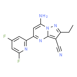 ChemSpider 2D Image | 7-Amino-5-(4,6-difluoro-2-pyridinyl)-2-ethylpyrazolo[1,5-a]pyrimidine-3-carbonitrile | C14H10F2N6