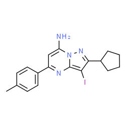 ChemSpider 2D Image | 2-Cyclopentyl-3-iodo-5-(4-methylphenyl)pyrazolo[1,5-a]pyrimidin-7-amine | C18H19IN4