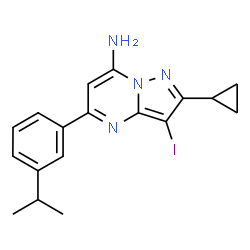 ChemSpider 2D Image | 2-Cyclopropyl-3-iodo-5-(3-isopropylphenyl)pyrazolo[1,5-a]pyrimidin-7-amine | C18H19IN4