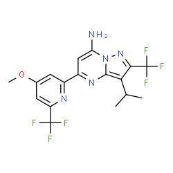 ChemSpider 2D Image | 3-Isopropyl-5-[4-methoxy-6-(trifluoromethyl)-2-pyridinyl]-2-(trifluoromethyl)pyrazolo[1,5-a]pyrimidin-7-amine | C17H15F6N5O