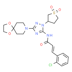 ChemSpider 2D Image | (2E)-3-(2-Chlorophenyl)-N-[3-(1,4-dioxa-8-azaspiro[4.5]dec-8-yl)-1-(1,1-dioxidotetrahydro-3-thiophenyl)-1H-1,2,4-triazol-5-yl]acrylamide | C22H26ClN5O5S