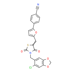 ChemSpider 2D Image | 4-[5-({3-[(6-Chloro-1,3-benzodioxol-5-yl)methyl]-2,4-dioxo-1,3-thiazolidin-5-ylidene}methyl)-2-furyl]benzonitrile | C23H13ClN2O5S