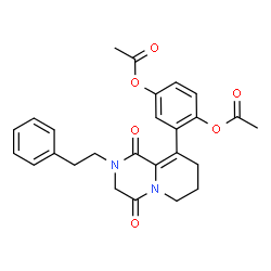 ChemSpider 2D Image | 2-[1,4-Dioxo-2-(2-phenylethyl)-1,3,4,6,7,8-hexahydro-2H-pyrido[1,2-a]pyrazin-9-yl]-1,4-phenylene diacetate | C26H26N2O6