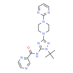 ChemSpider 2D Image | N-{1-(2-Methyl-2-propanyl)-3-[4-(2-pyrimidinyl)-1-piperazinyl]-1H-1,2,4-triazol-5-yl}-2-pyrazinecarboxamide | C19H24N10O
