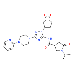 ChemSpider 2D Image | N-{1-(1,1-Dioxidotetrahydro-3-thiophenyl)-3-[4-(2-pyridinyl)-1-piperazinyl]-1H-1,2,4-triazol-5-yl}-1-isopropyl-5-oxo-3-pyrrolidinecarboxamide | C23H32N8O4S