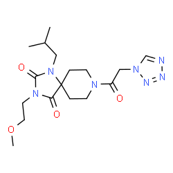 ChemSpider 2D Image | 1-Isobutyl-3-(2-methoxyethyl)-8-(1H-tetrazol-1-ylacetyl)-1,3,8-triazaspiro[4.5]decane-2,4-dione | C17H27N7O4