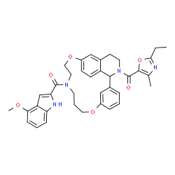 ChemSpider 2D Image | (2-Ethyl-4-methyl-1,3-oxazol-5-yl){14-[(4-methoxy-1H-indol-2-yl)carbonyl]-11,18-dioxa-3,14-diazatetracyclo[17.3.1.1~6,10~.0~2,7~]tetracosa-1(23),6(24),7,9,19,21-hexaen-3-yl}methanone | C37H38N4O6
