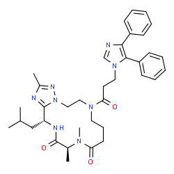 ChemSpider 2D Image | (13S,16R)-7-[3-(4,5-Diphenyl-1H-imidazol-1-yl)propanoyl]-16-isobutyl-2,12,13-trimethyl-5,6,7,8,9,10,12,13,15,16-decahydro[1,2,4]triazolo[1,5-d][1,4,7,10]tetraazacyclotetradecine-11,14-dione | C36H46N8O3