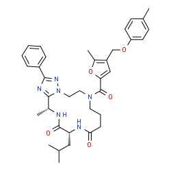 ChemSpider 2D Image | (13R,16R)-13-Isobutyl-16-methyl-7-{5-methyl-4-[(4-methylphenoxy)methyl]-2-furoyl}-2-phenyl-5,6,7,8,9,10,12,13,15,16-decahydro[1,2,4]triazolo[1,5-d][1,4,7,10]tetraazacyclotetradecine-11,14-dione | C36H44N6O5