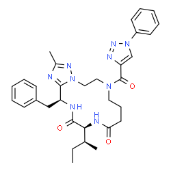 ChemSpider 2D Image | (13S,16S)-16-Benzyl-13-[(2S)-2-butanyl]-2-methyl-7-[(1-phenyl-1H-1,2,3-triazol-4-yl)carbonyl]-5,6,7,8,9,10,12,13,15,16-decahydro[1,2,4]triazolo[1,5-d][1,4,7,10]tetraazacyclotetradecine-11,14-dione | C32H39N9O3