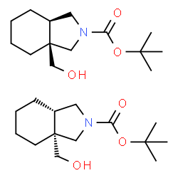 ChemSpider 2D Image | 2-Methyl-2-propanyl (3aR,7aS)-3a-(hydroxymethyl)octahydro-2H-isoindole-2-carboxylate - 2-methyl-2-propanyl (3aS,7aR)-3a-(hydroxymethyl)octahydro-2H-isoindole-2-carboxylate (1:1) | C28H50N2O6