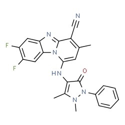 ChemSpider 2D Image | 1-[(1,5-Dimethyl-3-oxo-2-phenyl-2,3-dihydro-1H-pyrazol-4-yl)amino]-7,8-difluoro-3-methylpyrido[1,2-a]benzimidazole-4-carbonitrile | C24H18F2N6O