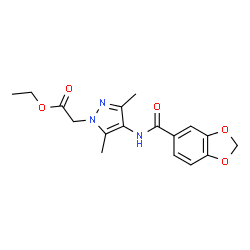 ChemSpider 2D Image | Ethyl {4-[(1,3-benzodioxol-5-ylcarbonyl)amino]-3,5-dimethyl-1H-pyrazol-1-yl}acetate | C17H19N3O5