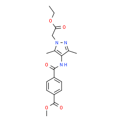 ChemSpider 2D Image | Methyl 4-{[1-(2-ethoxy-2-oxoethyl)-3,5-dimethyl-1H-pyrazol-4-yl]carbamoyl}benzoate | C18H21N3O5