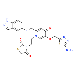 ChemSpider 2D Image | 3-(2-{5-[(5-Amino-1,3,4-thiadiazol-2-yl)methoxy]-2-[(1H-indazol-5-ylamino)methyl]-4-oxo-1(4H)-pyridinyl}ethyl)-1,3-thiazolidine-2,4-dione | C21H20N8O4S2