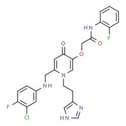 ChemSpider 2D Image | 2-[(6-{[(3-Chloro-4-fluorophenyl)amino]methyl}-1-[2-(1H-imidazol-4-yl)ethyl]-4-oxo-1,4-dihydro-3-pyridinyl)oxy]-N-(2-fluorophenyl)acetamide | C25H22ClF2N5O3