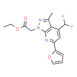 ChemSpider 2D Image | Ethyl [4-(difluoromethyl)-6-(2-furyl)-3-methyl-1H-pyrazolo[3,4-b]pyridin-1-yl]acetate | C16H15F2N3O3