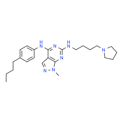 ChemSpider 2D Image | N~4~-(4-Butylphenyl)-1-methyl-N~6~-[4-(1-pyrrolidinyl)butyl]-1H-pyrazolo[3,4-d]pyrimidine-4,6-diamine | C24H35N7