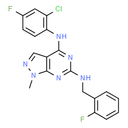 ChemSpider 2D Image | N~4~-(2-Chloro-4-fluorophenyl)-N~6~-(2-fluorobenzyl)-1-methyl-1H-pyrazolo[3,4-d]pyrimidine-4,6-diamine | C19H15ClF2N6
