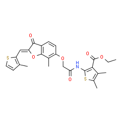 ChemSpider 2D Image | Ethyl 4,5-dimethyl-2-{[({(2Z)-7-methyl-2-[(3-methyl-2-thienyl)methylene]-3-oxo-2,3-dihydro-1-benzofuran-6-yl}oxy)acetyl]amino}-3-thiophenecarboxylate | C26H25NO6S2