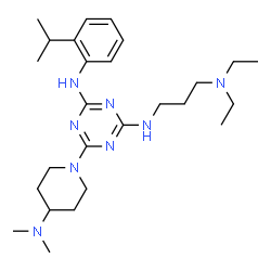 ChemSpider 2D Image | N-[3-(Diethylamino)propyl]-6-[4-(dimethylamino)-1-piperidinyl]-N'-(2-isopropylphenyl)-1,3,5-triazine-2,4-diamine | C26H44N8