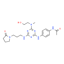 ChemSpider 2D Image | N-{4-[(4-[(2-Hydroxyethyl)(methyl)amino]-6-{[3-(2-oxo-1-pyrrolidinyl)propyl]amino}-1,3,5-triazin-2-yl)amino]phenyl}acetamide | C21H30N8O3