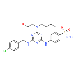 ChemSpider 2D Image | 4-({4-[Butyl(2-hydroxyethyl)amino]-6-[(4-chlorobenzyl)amino]-1,3,5-triazin-2-yl}amino)benzenesulfonamide | C22H28ClN7O3S