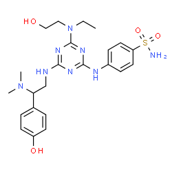 ChemSpider 2D Image | 4-[(4-{[2-(Dimethylamino)-2-(4-hydroxyphenyl)ethyl]amino}-6-[ethyl(2-hydroxyethyl)amino]-1,3,5-triazin-2-yl)amino]benzenesulfonamide | C23H32N8O4S