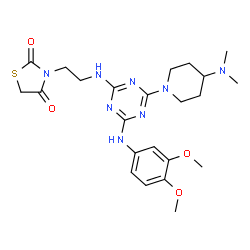 ChemSpider 2D Image | 3-[2-({4-[(3,4-Dimethoxyphenyl)amino]-6-[4-(dimethylamino)-1-piperidinyl]-1,3,5-triazin-2-yl}amino)ethyl]-1,3-thiazolidine-2,4-dione | C23H32N8O4S