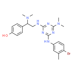 ChemSpider 2D Image | 4-[2-({4-[(4-Bromo-3-methylphenyl)amino]-6-(dimethylamino)-1,3,5-triazin-2-yl}amino)-1-(dimethylamino)ethyl]phenol | C22H28BrN7O