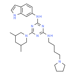 ChemSpider 2D Image | 6-(3,5-Dimethyl-1-piperidinyl)-N-(1H-indol-6-yl)-N'-[4-(1-pyrrolidinyl)butyl]-1,3,5-triazine-2,4-diamine | C26H38N8
