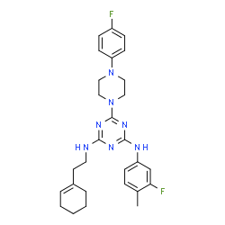 ChemSpider 2D Image | N-[2-(1-Cyclohexen-1-yl)ethyl]-N'-(3-fluoro-4-methylphenyl)-6-[4-(4-fluorophenyl)-1-piperazinyl]-1,3,5-triazine-2,4-diamine | C28H33F2N7