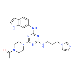 ChemSpider 2D Image | 1-{4-[4-{[3-(1H-Imidazol-1-yl)propyl]amino}-6-(1H-indol-6-ylamino)-1,3,5-triazin-2-yl]-1-piperazinyl}ethanone | C23H28N10O