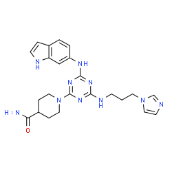 ChemSpider 2D Image | 1-[4-{[3-(1H-Imidazol-1-yl)propyl]amino}-6-(1H-indol-6-ylamino)-1,3,5-triazin-2-yl]-4-piperidinecarboxamide | C23H28N10O