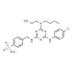 ChemSpider 2D Image | 4-[({4-[Butyl(2-hydroxyethyl)amino]-6-[(4-chlorophenyl)amino]-1,3,5-triazin-2-yl}amino)methyl]benzenesulfonamide | C22H28ClN7O3S