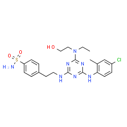 ChemSpider 2D Image | 4-[2-({4-[(4-Chloro-2-methylphenyl)amino]-6-[ethyl(2-hydroxyethyl)amino]-1,3,5-triazin-2-yl}amino)ethyl]benzenesulfonamide | C22H28ClN7O3S