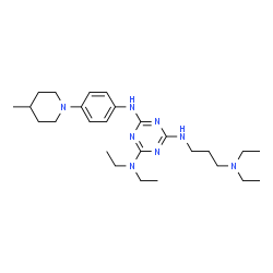 ChemSpider 2D Image | N~4~-[3-(Diethylamino)propyl]-N~2~,N~2~-diethyl-N~6~-[4-(4-methyl-1-piperidinyl)phenyl]-1,3,5-triazine-2,4,6-triamine | C26H44N8