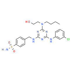 ChemSpider 2D Image | 4-[({4-[Butyl(2-hydroxyethyl)amino]-6-[(3-chlorophenyl)amino]-1,3,5-triazin-2-yl}amino)methyl]benzenesulfonamide | C22H28ClN7O3S